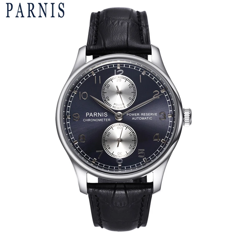 Parnis 43mm Silver Case Automatic Mechanical Men's Watch Power Reserve Black Leather Strap Men Watches heren horloge Luxury
