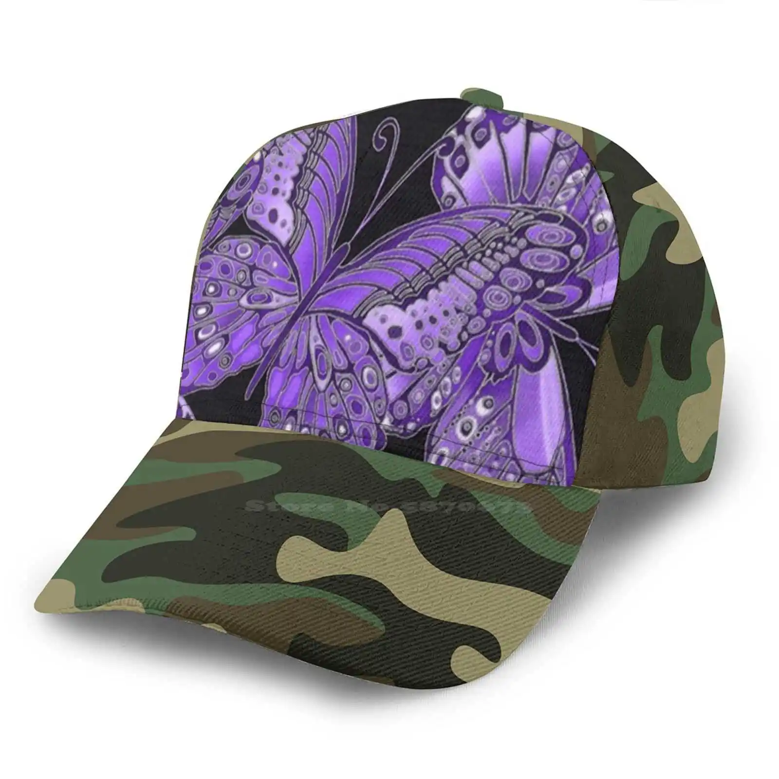 Модная шапка в стиле милитари с фиолетовыми и черными бабочками черная серая