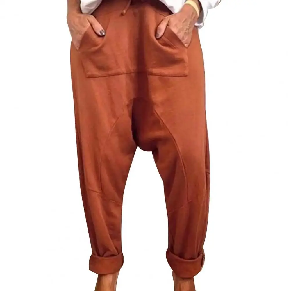 

Elastic Waist Baggy Pants Harem Pants Solid Color Drop Crotch Women Drawstring Pockets Baggy Trousers for Spring Casual Trousers