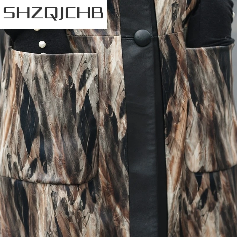 

JCHB 2021 Fashion Women Floral Printed Sheepskin Real Leather Midi Dress Vintage Belted Single Breasted Sleeveless Straight Tank