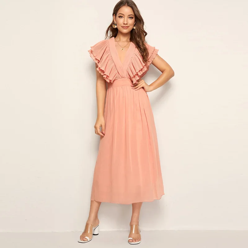 

Women Summer Dresses Deep V Neck Backless Tea Length Ruffles Wedding Guest Party Gowns Ladies Prom Evening Daily Gown Cheap