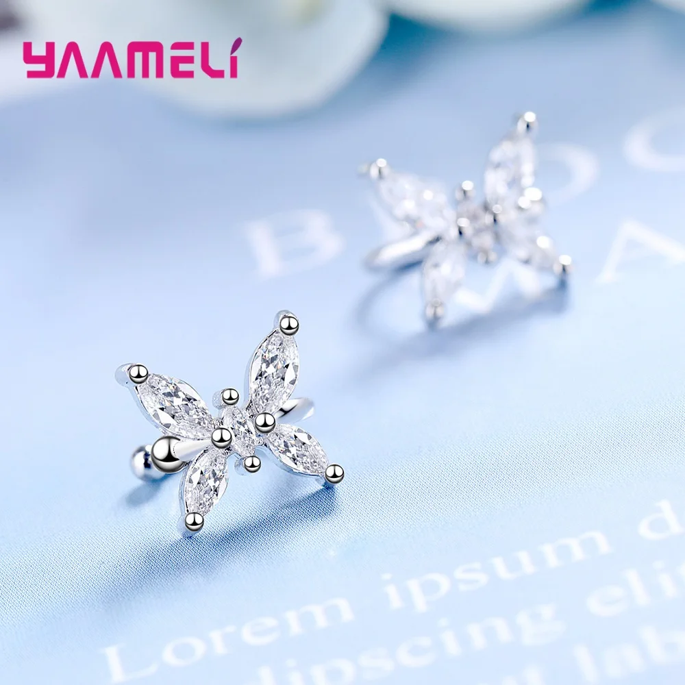 Big Promotion Sterling Silver 925 Cuff Clip On Earrings Sweet Clear CZ Diamond Crystal Bowknot Ear Brincos Jewelry for Wedding | Украшения