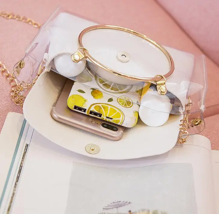 

2020 Lady Fashion Shoulders Jelly Package Handbag Fashion Small Transparent Purse Mobile Phone Metal Ring Messenger Bag