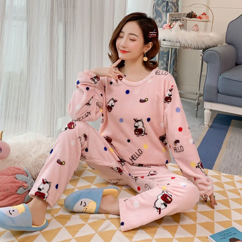 Теплые Для Женщин Единорог пижамные комплекты одежда для сна Фланелевая пижама