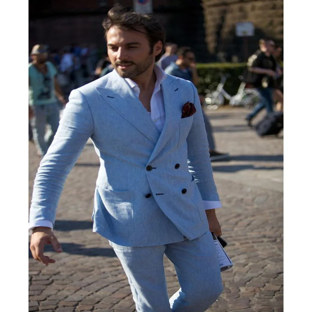 

Light Blue Man Suit Double Breasted Groom Tuxedos Linen Wedding Suits Blazer 2 Pieces Linen Suits for Summer(Jacket +Pants)