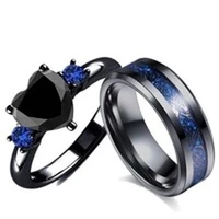 charm couple ring stainless steel black mens ring blue zircon womens ring sets valentines day wedding bands fine jewelry