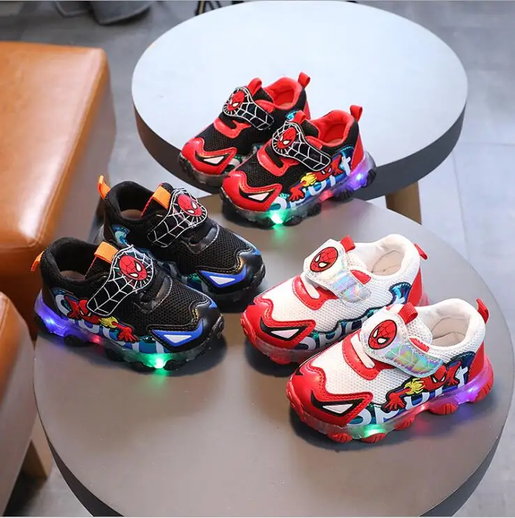 Children boys spiderman LED Sneakers Kids cartoon Sports Light Shoes boy PU Casual Boots Rubber Button sport shoes | Детская одежда и