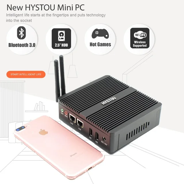HYSTOU мини-ПК без вентилятора Intel N3160/J3160 J1900 Qaud Core Pfsense Barebone Мини ПК 2* Gigabit LAN(RJ-45) dual LAN мини-сервер