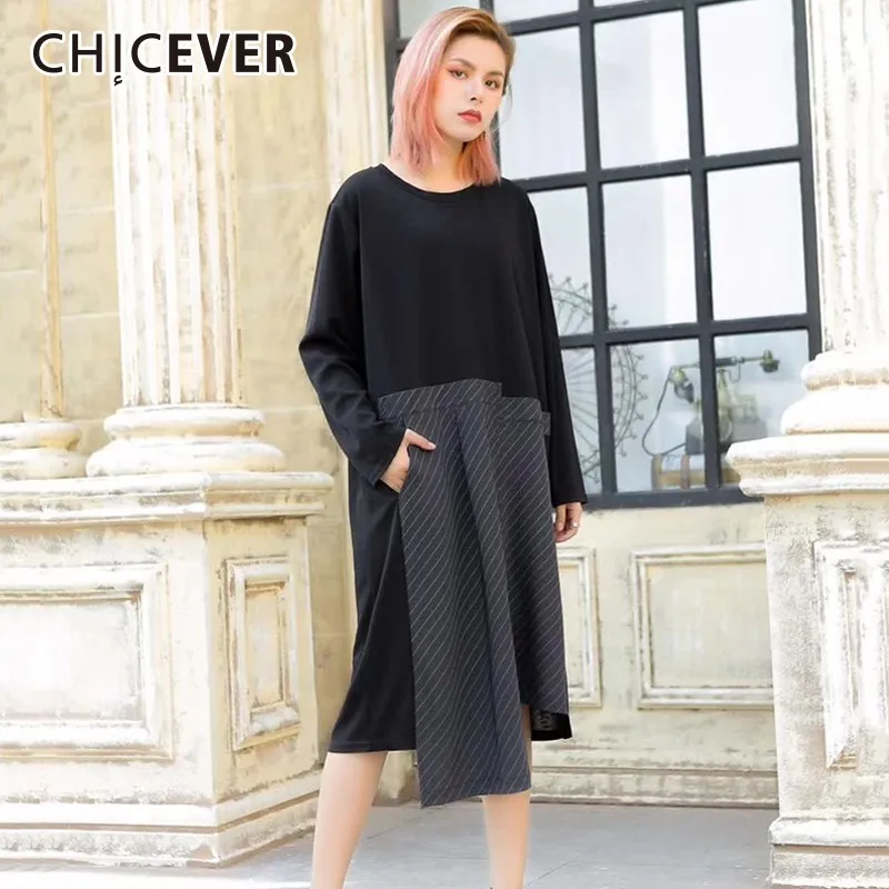 CHICEVER 2020 весеннее лоскутное Полосатое платье для женщин с круглым вырезом длинным