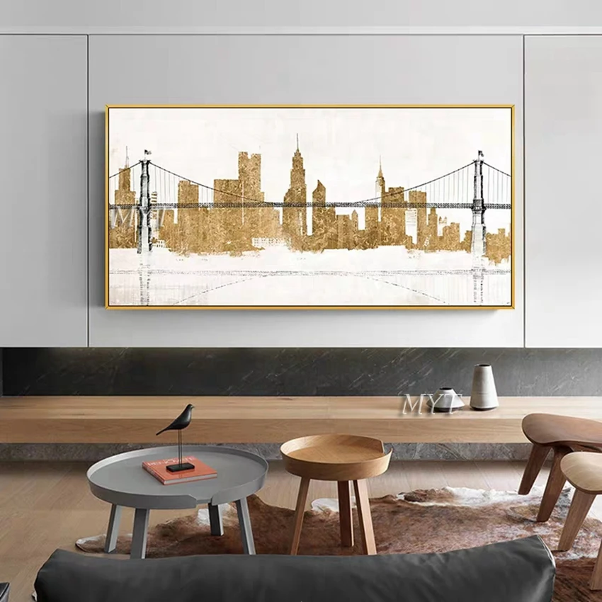 Большая абстрактная Золотая городская живопись маслом ручной работы картины на