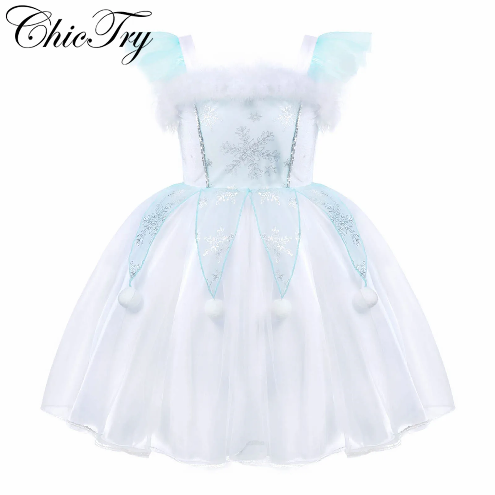 Детское платье для косплея девочек с принтом снежинок Сетчатое платье-пачка без
