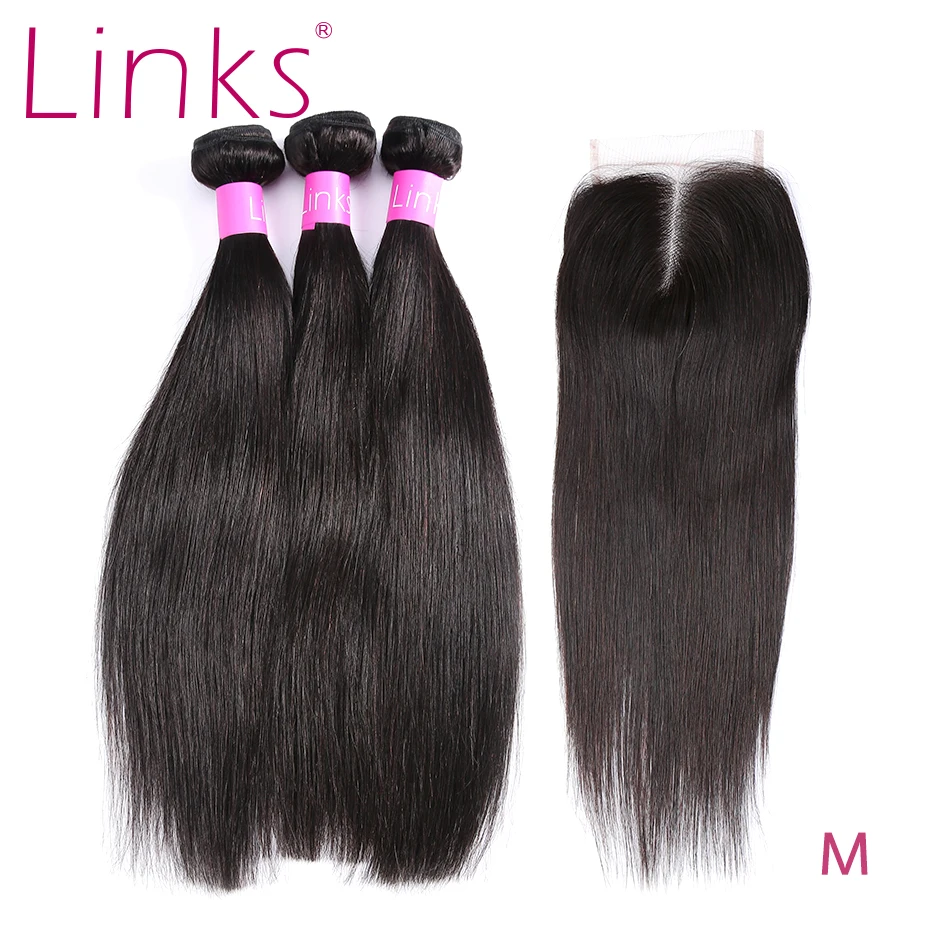 Бразильские прямые волосы Links Hair 8- 30 дюймов 3 4 пряди с кружевной застежкой 28