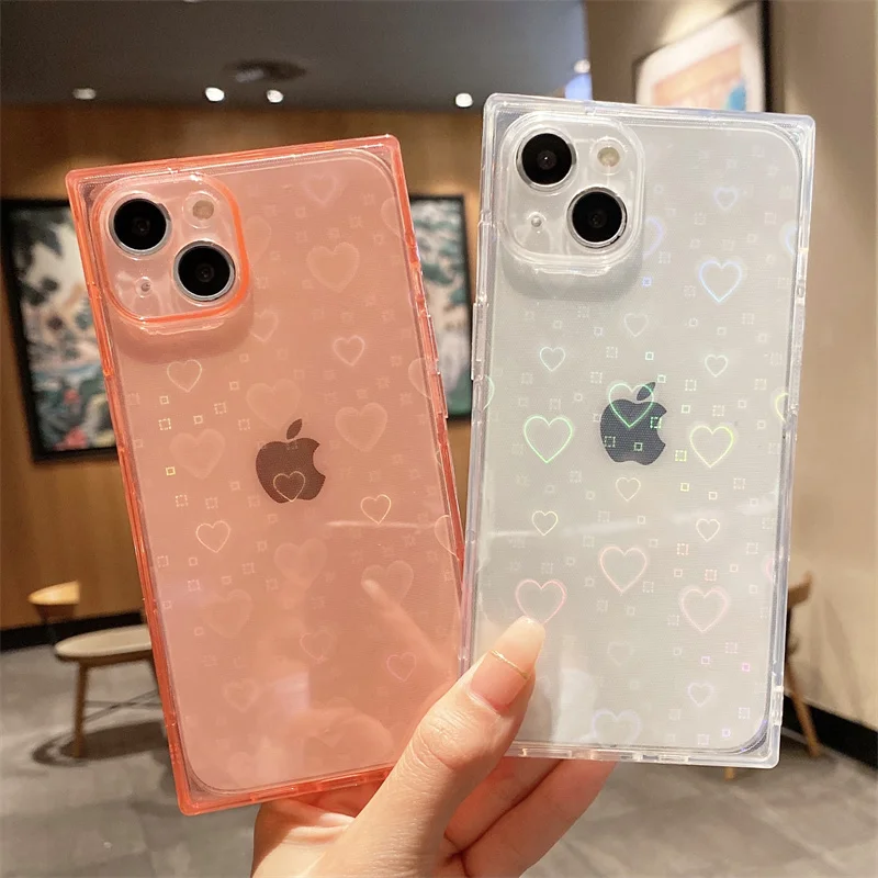 

Transparent Square Camera Protection Phone Case For iPhone 12 13 11 Pro Max XS Max XR X 7 8 Plus With Love Heart TPU Soft Cover