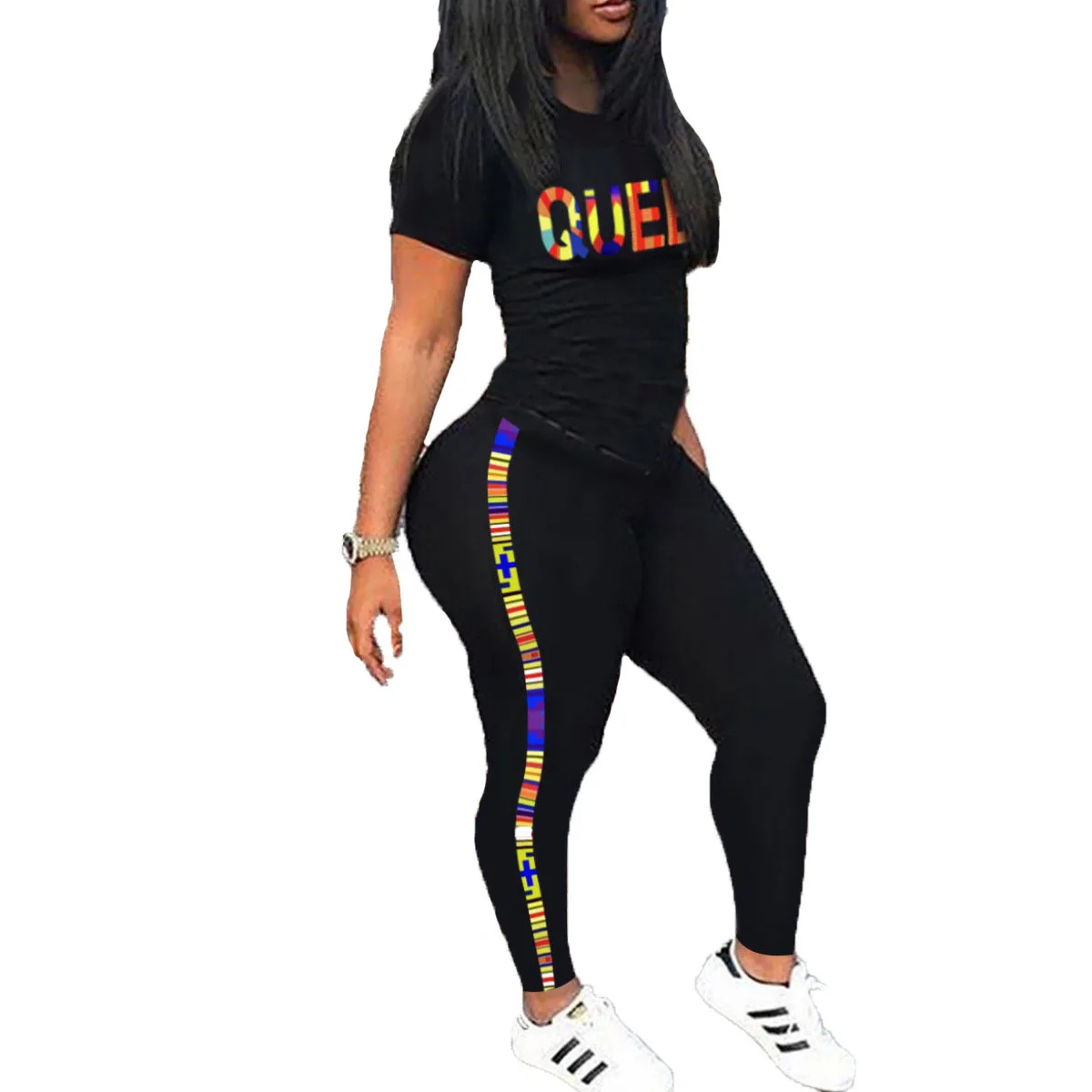 

2021 Summer New Casual Short Sleeved Trousers Home Service Letter Printing Stripe Two Piece Women's Clothing