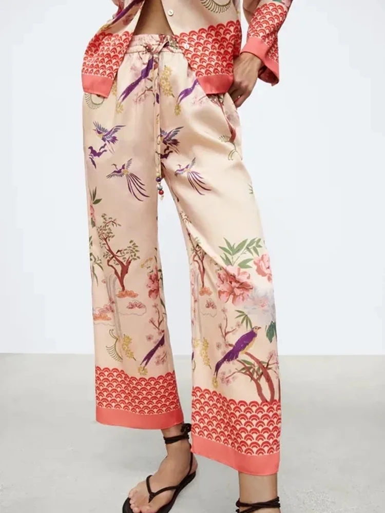 

Брюки женские с широкими штанинами, повседневные Прямые Штаны с эластичным завышенным поясом и бантом, с карманами, с принтом, лето 2021