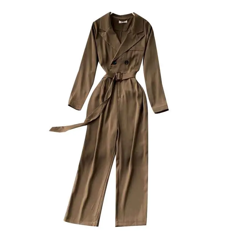 

Solid Color Jumpsuit For Women Spring Autumn V-Neck Sashes Long Sleeve Wide Leg Zipper OL Wear Female Jumpsuit