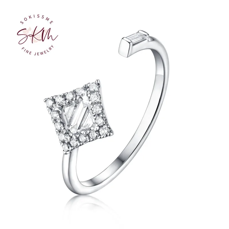 

SKM Unique Diamond Engagement Ring Alternative 14K White Gold Halo Square Baguette Wedding Stackable Anniversary Rings