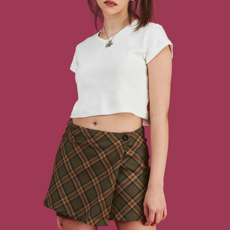 

Vintage Plaid A-line Mini Skirts One Button High Waist Short Skirts for Women Chic Style Bottoms