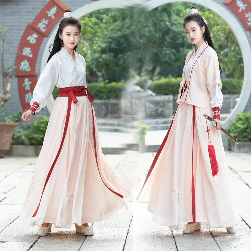 

new white pink traditional cross collar Ru skirt Hanfu women's wear half arm daily female knight errant performance