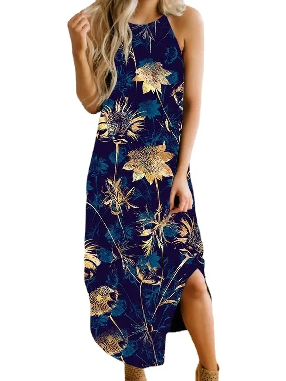 

2021 new women's fashion print sling strapless travel summer dress