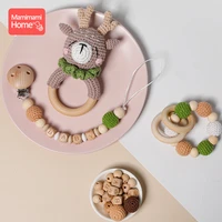1pc baby wooden teether crochet plush animal ring music rattle bracelet diy customized pacifier chain baby montessori toys gifts