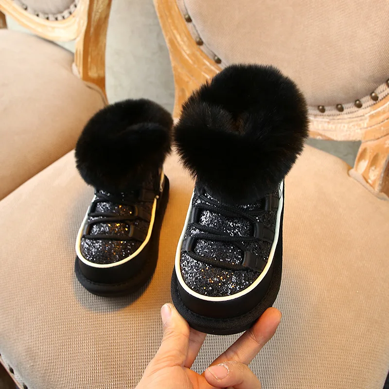 Scsech/зимние ботинки для девочек с блестками и кроличьим мехом мягкие мальчиков