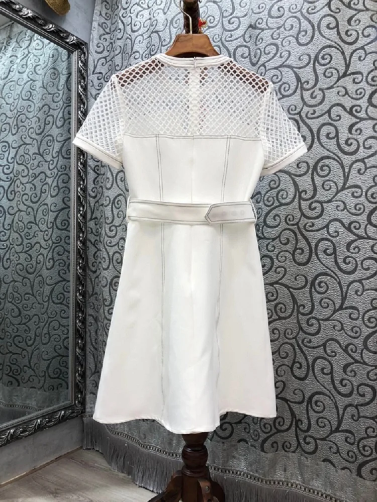 

New High Quality Celebrity Style Dress 2021 Autumn Women Color Block Stitching Belt Patchwork Slim Fit A-Line Dress Hollow Out