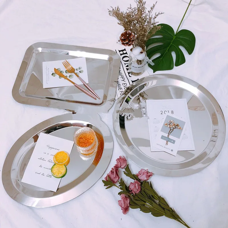 

Luxury Stainless Steel Plate Rectangular Round Pallet Flat Fruit Buffet Mirror Plate Salad steak Tray European juul dinner plate