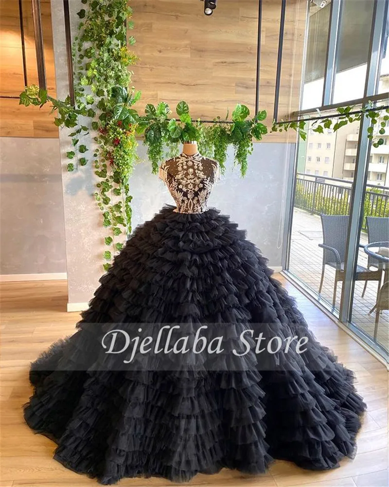 

High Neck Evening Dress Lace Black Prom Dresses Long Appliques Tired Tulle Ball Gown Tulle Dress For Wedding Custom Made