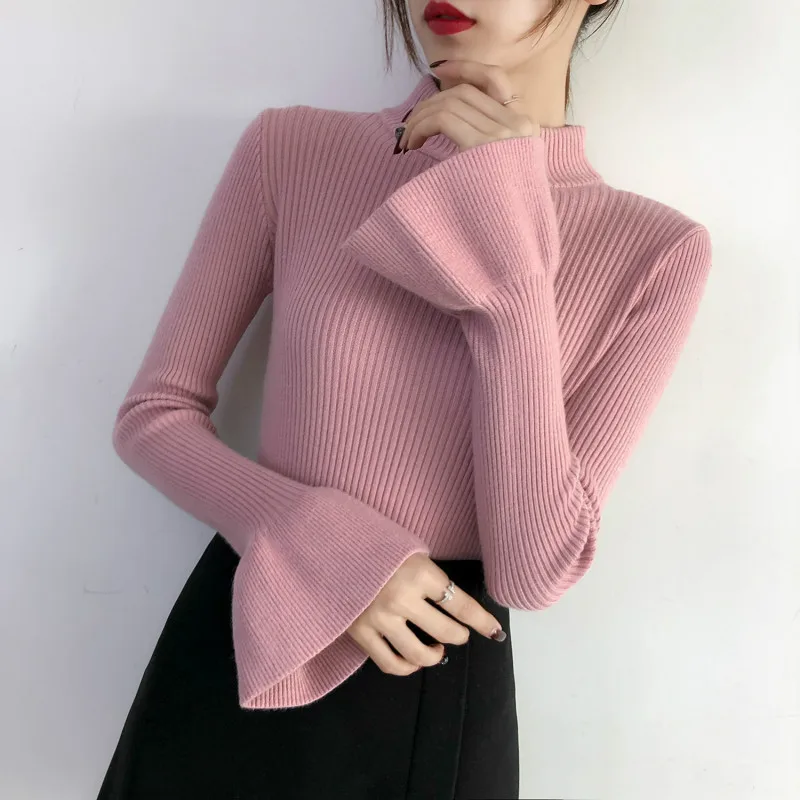 2020 Autumn Winter New Slim Trumpet Sleeve Solid Color Quality Pullover Sweater Womens Half Turtleneck Knitted Women | Женская одежда