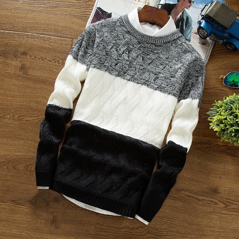 

Осенне-зимний мужской вязаный свитер, повседневный полосатый приталенный трикотажный пуловер с круглым вырезом, джемпер в стиле пэчворк, о...