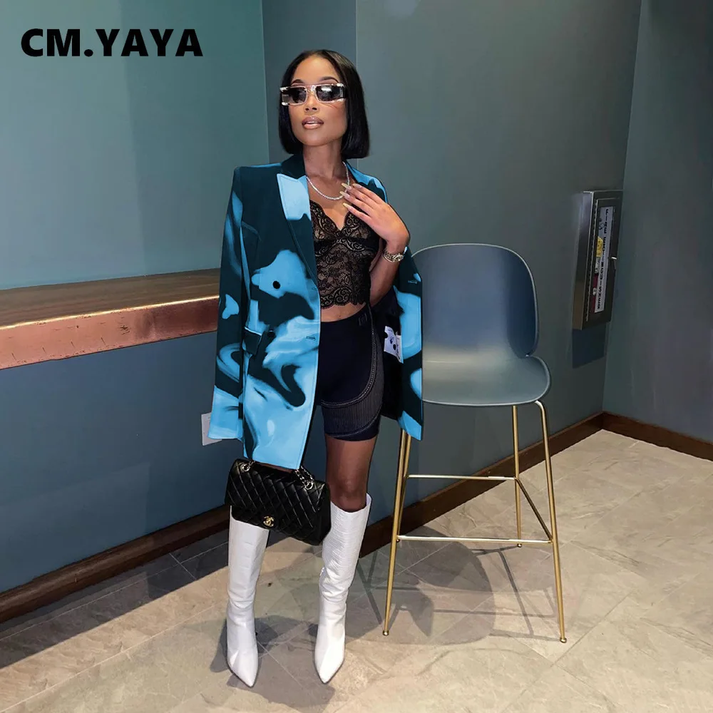 Женский прямой пиджак CM.YAYA офисный с длинным рукавом и принтом модная винтажная