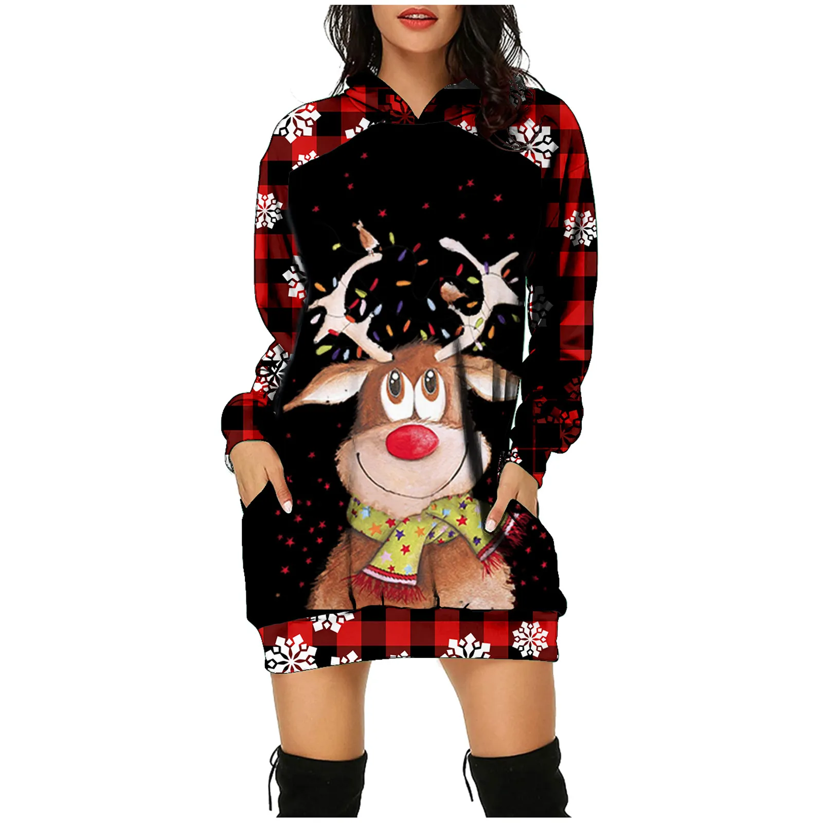 

Women's Fashion Christmas Oversized Hoodie Bag Hip Pocket Print Long Sleeves Hoodies Sweatshirts Hooded Dress Платье Женское