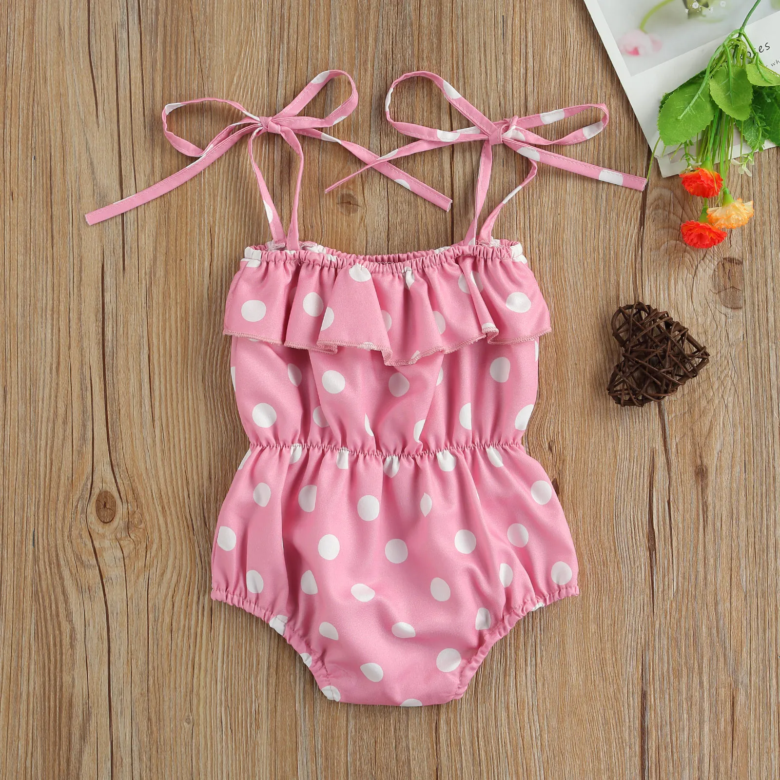 

2021 The New Toddler Summer Rompers, Polka Dot Tied Shoulder Straps Flounce Elastic Jumpsuits for Baby Girls, 0-24 Months