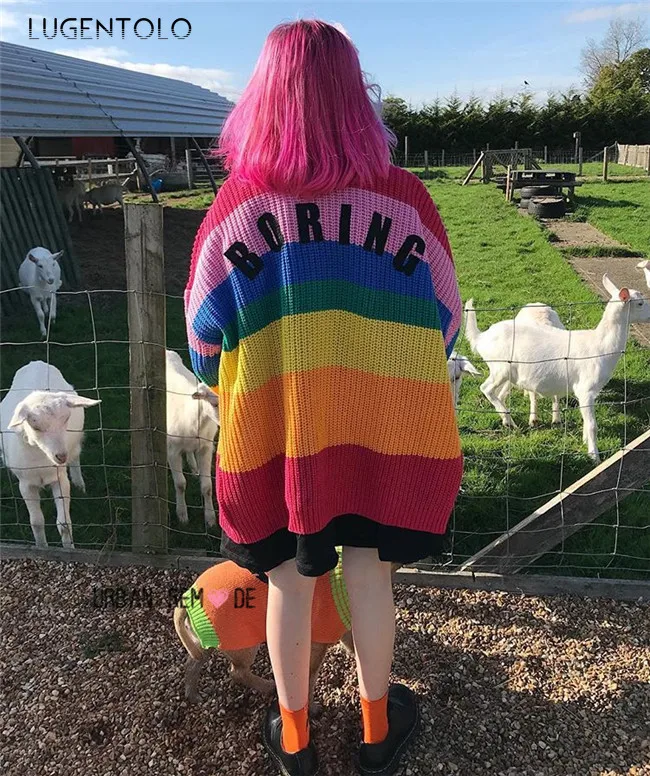 

Lugentolo Women Sweater Rainbow Striped Spring Autumn New V-neck Elastic Loose Knitwear Cardigan Female Chic Fashion Sweater