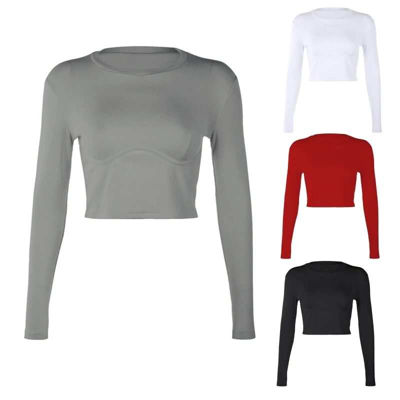 

Women Long Sleeve O-Neck T Shirt Ribbed Knit Solid Color Bodycon Corset Crop Top X3UE