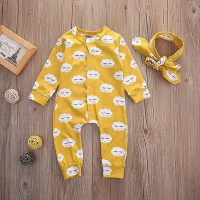 

2Pcs Newborn Baby Girls Clothes Set Cotton Hearts Print Infant Long Sleeve Jumpsuit+Headband Toddler Girls Clothing