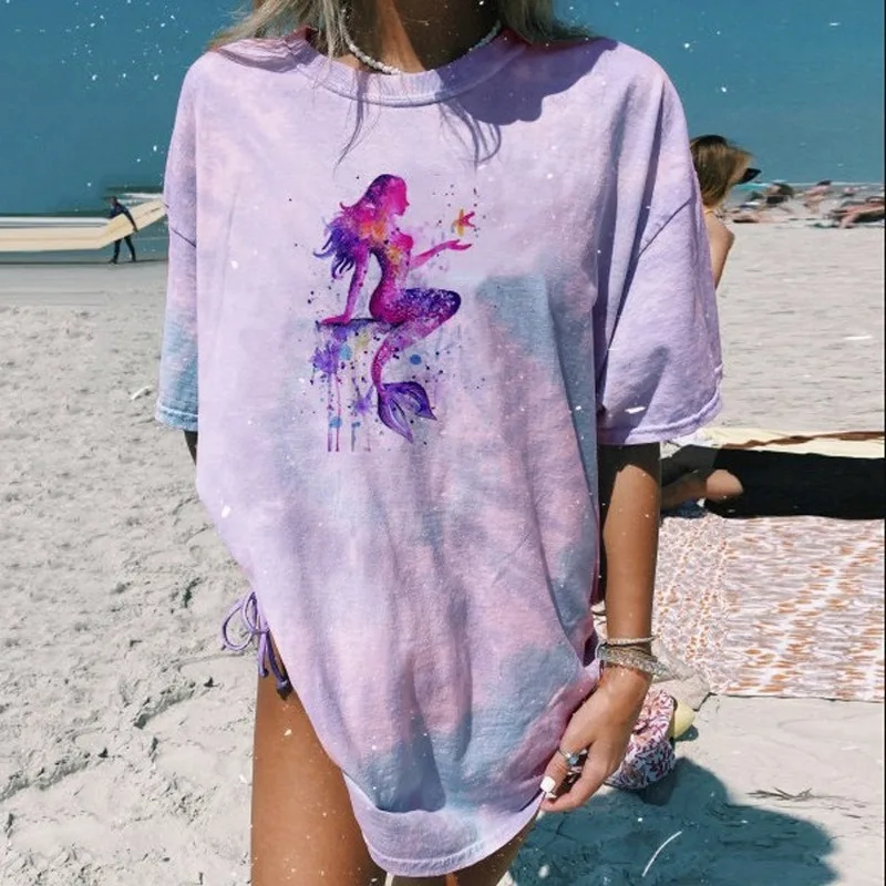 

Plus Size Vintage Casual Loose O Neck Short Sleeve Fashion Clothing Purple Mermaid Print Graphic T Shirts For Women 2021 Summer
