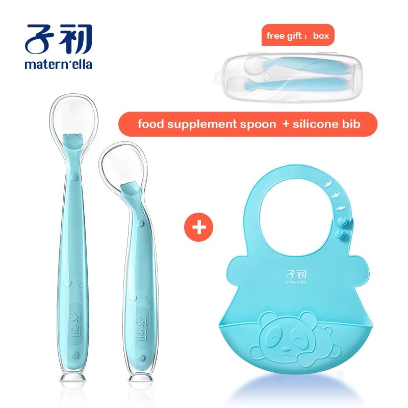 spoon bib Matern'ella, 2 шт.+ коробка, Детские Силиконовые ложки, посуда для кормления, посуда для детей, столовые приборы, силиконовая ложка - Цвет: spoon bib