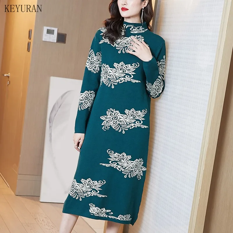 

Vintage Elegant Flower Jacquard Knitted Dress Women Autumn Winter 2020 Loose Half Turtleneck Long Sleeve Sweater Dress Vestidos