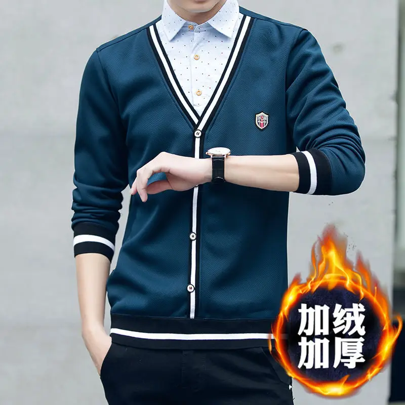 

2021 autumn and winter Plush warm fake two shirts men's Long Sleeve Striped Shirt Men's autumn jacket