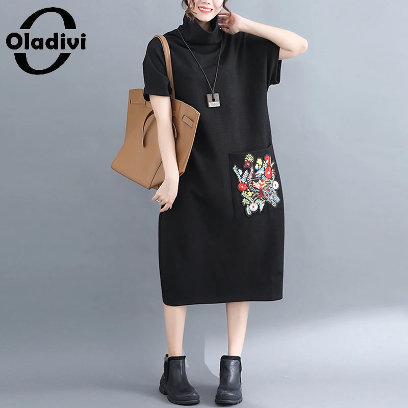 

Oladivi Oversized Clothing Autumn New Turtleneck Short Sleeve Autumn Dress Casual Loose Vintage Women Midi Dresses Vestidios 866