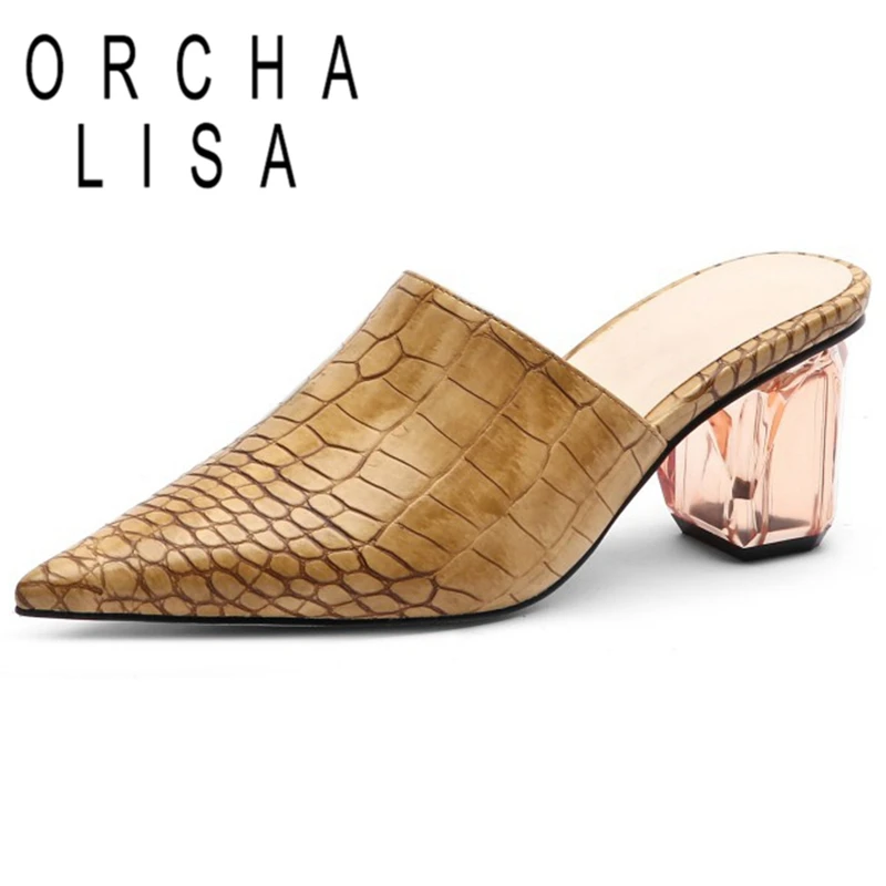 

ORCHA LISA 2020 Spring Summer Lady Elegant Slippers Pointed Toe 6cm Crystal Strange heels Emboss Large size 34-45 Leisure C1785