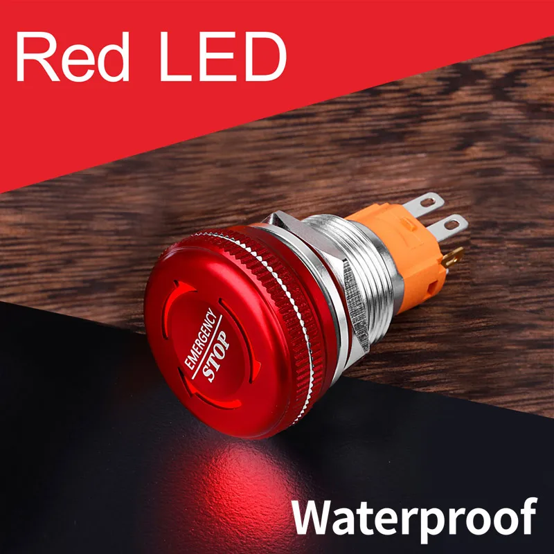 Red LED 16 мм 19 мм 22 мм водонепроницаемый IP65 гриб Аварийная остановка кнопочный переключатель со светодиодным светильник люминесценции - Цвет: Red LED