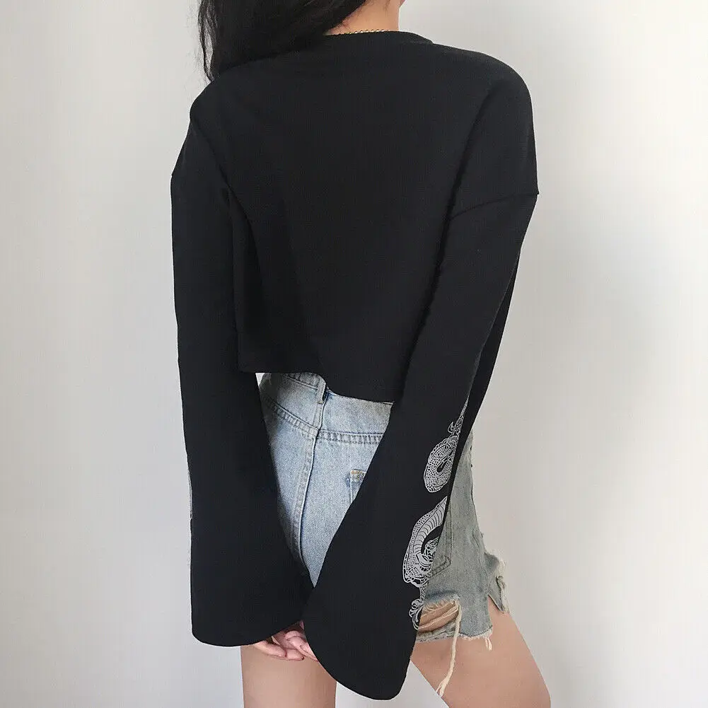 

Brand New Sexy Women Long Sleeve Crop Tops Dragon Print Short Blouse O Neck Casual Shirt Pullover Top