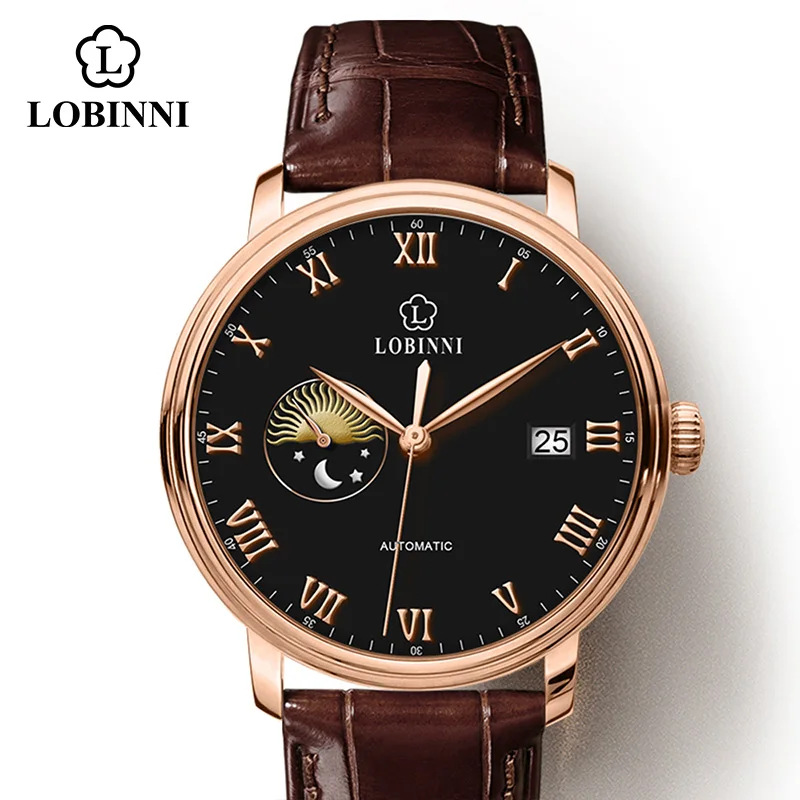 Модные мужские механические наручные часы Lobinni с автоматическим механизмом и