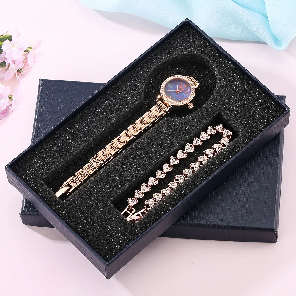 

Женский подарочный набор, часы и браслет из нержавеющей стали с кристаллами и бриллиантами
