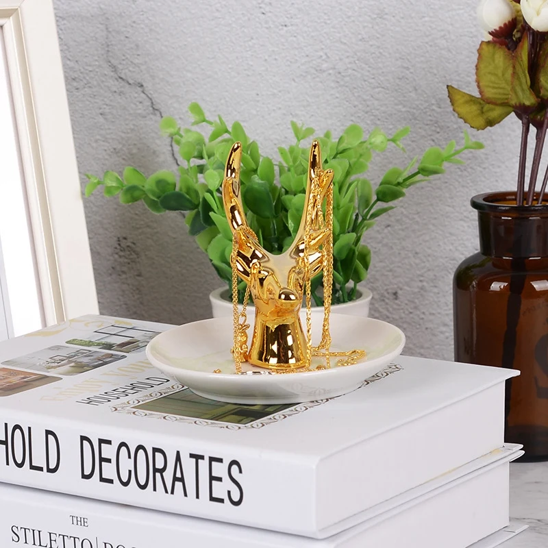 

Scandinavian Golden Deer Antler Jewelry Storage Plate Mini Creative Ceramic Ring Tray Chic Necklace Earring Finishing Plate