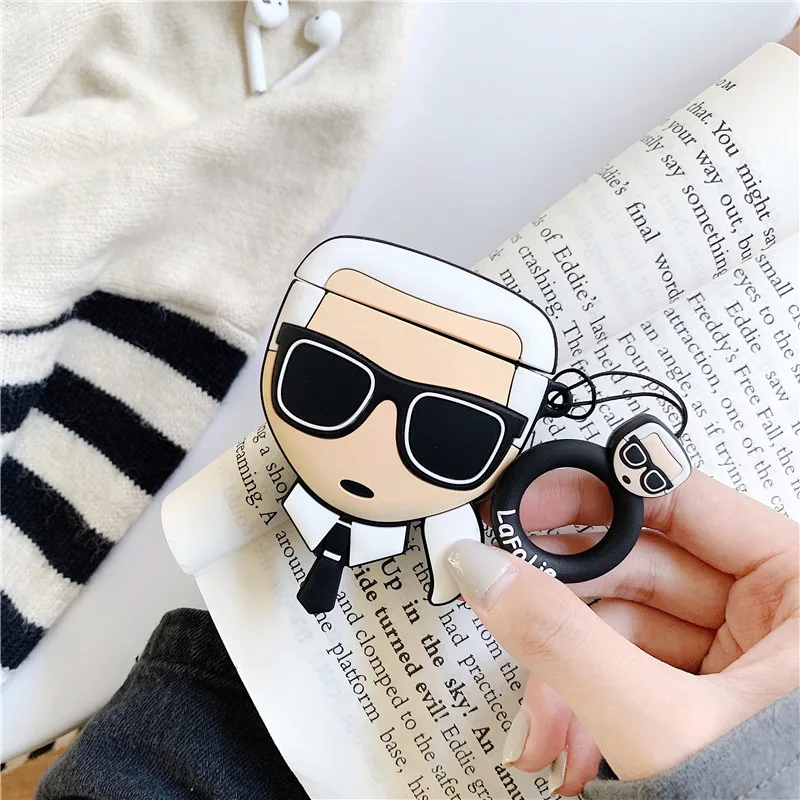 

3D Luxury brand cute cartoon Bluetooth headset silicone case for Apple airpods 1 2 Wireless charging cover with ring strap gift