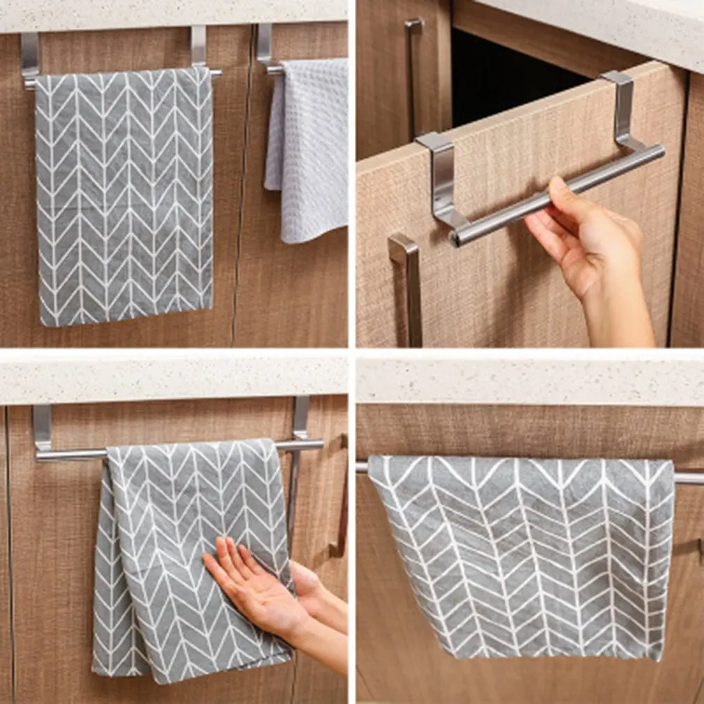 

Practical Stainless Steel Single Towel Rack Kitchen Non-Perforated Towel Hanging Rod Durable Cabinet Door Back Rag Hanger